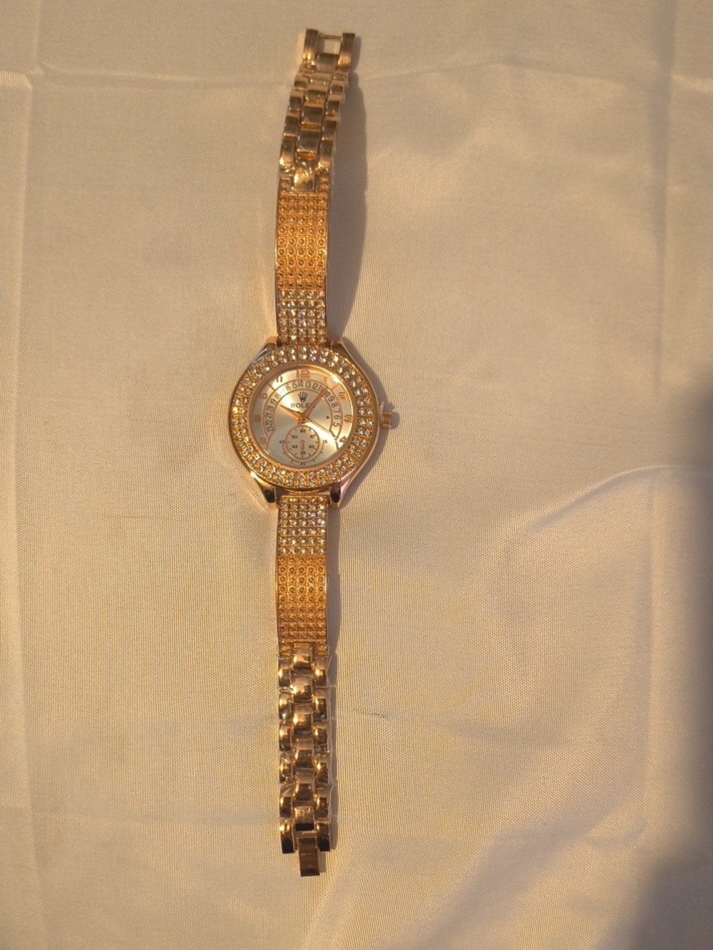 Gold Tone Metal Watch With Diamond Straps
